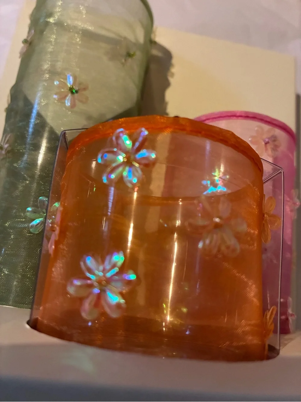 Pier 1 Decorative Floral Tea Light Holders - Green, Pink, Orange Set NIB